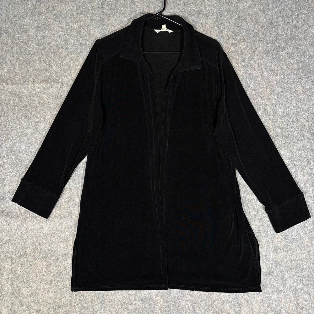 TravelSmith Cardigan Womens Large Black Slinky Open Front Ribbed Travel USA VTG